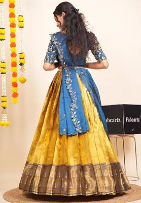 Beautiful South Indian Style Semi-Stitched Half Saree with Blouse and Dupatta for Women 2