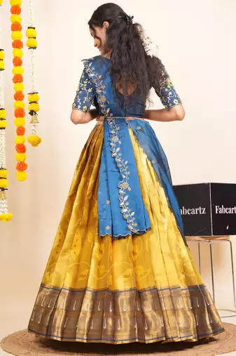 Beautiful South Indian Style Semi-Stitched Half Saree with Blouse and Dupatta for Women