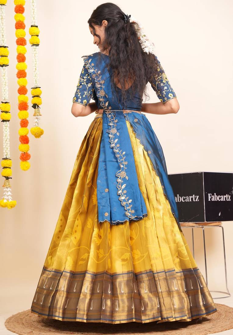 Beautiful South Indian Style Semi-Stitched Half Saree with Blouse and Dupatta for Women