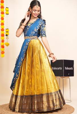 Beautiful South Indian Style Semi-Stitched Half Saree with Blouse and Dupatta for Women 1