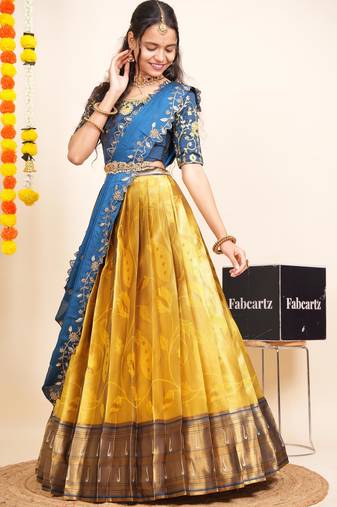 Beautiful South Indian Style Semi-Stitched Half Saree with Blouse and Dupatta for Women