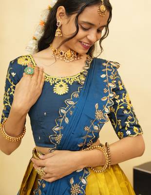 Beautiful South Indian Style Semi-Stitched Half Saree with Blouse and Dupatta for Women 3
