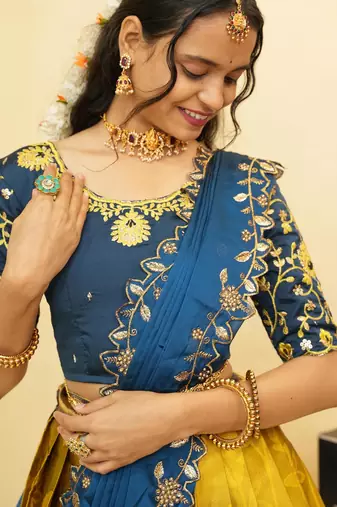 Beautiful South Indian Style Semi-Stitched Half Saree with Blouse and Dupatta for Women