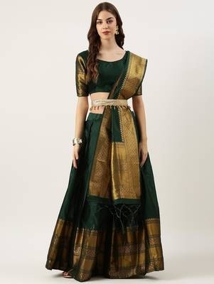 Beautiful South Indian Style Semi-Stitched Half Saree with Blouse and Dupatta for Women 1
