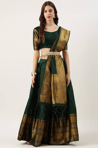 Beautiful South Indian Style Semi-Stitched Half Saree with Blouse and Dupatta for Women