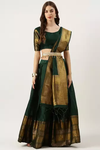 Beautiful South Indian Style Semi-Stitched Half Saree with Blouse and Dupatta for Women