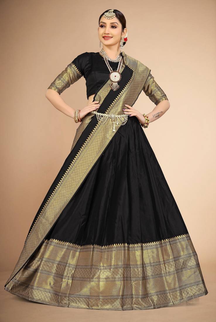 Beautiful South Indian Style Semi-Stitched Half Saree with Blouse and Dupatta for Women
