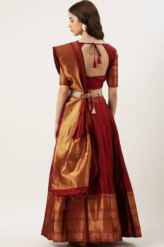 Beautiful South Indian Style Semi-Stitched Half Saree with Blouse and Dupatta for Women