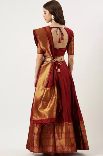 Beautiful South Indian Style Semi-Stitched Half Saree with Blouse and Dupatta for Women