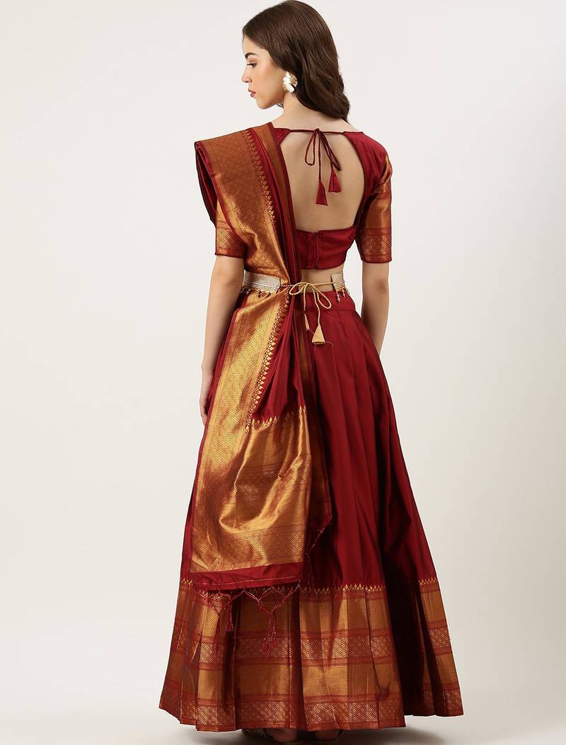 Beautiful South Indian Style Semi-Stitched Half Saree with Blouse and Dupatta for Women