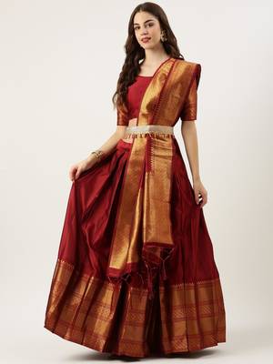 Beautiful South Indian Style Semi-Stitched Half Saree with Blouse and Dupatta for Women 2