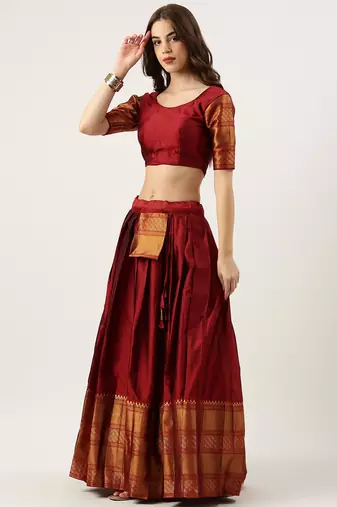 Beautiful South Indian Style Semi-Stitched Half Saree with Blouse and Dupatta for Women