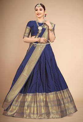 Beautiful South Indian Style Semi-Stitched Half Saree with Blouse and Dupatta for Women 2