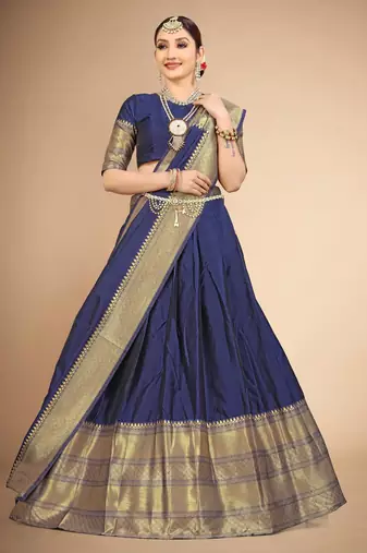 Beautiful South Indian Style Semi-Stitched Half Saree with Blouse and Dupatta for Women