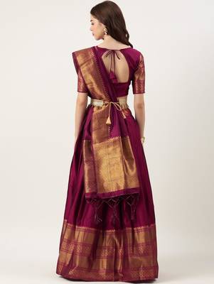 Beautiful South Indian Style Semi-Stitched Half Saree with Blouse and Dupatta for Women 2