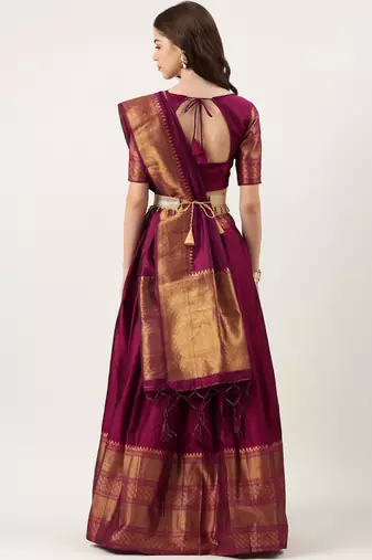 Beautiful South Indian Style Semi-Stitched Half Saree with Blouse and Dupatta for Women
