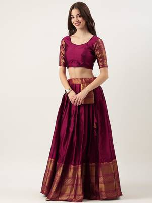Beautiful South Indian Style Semi-Stitched Half Saree with Blouse and Dupatta for Women 1