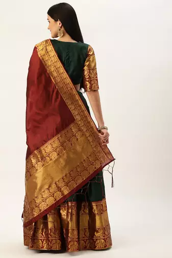 Pochampalli Deep Green & Maroon Lehenga