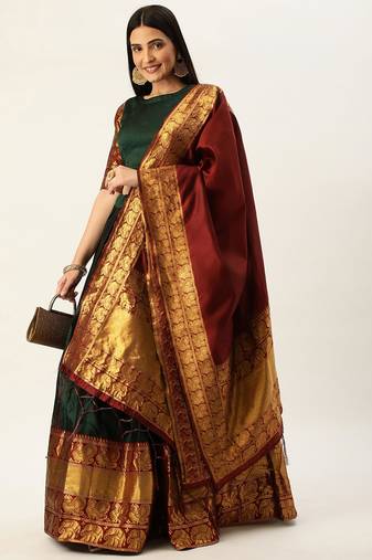 Pochampalli Deep Green & Maroon Lehenga