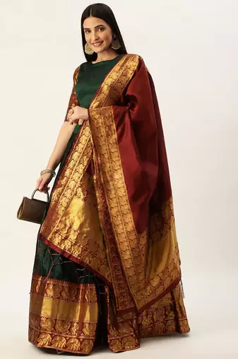 Pochampalli Deep Green & Maroon Lehenga