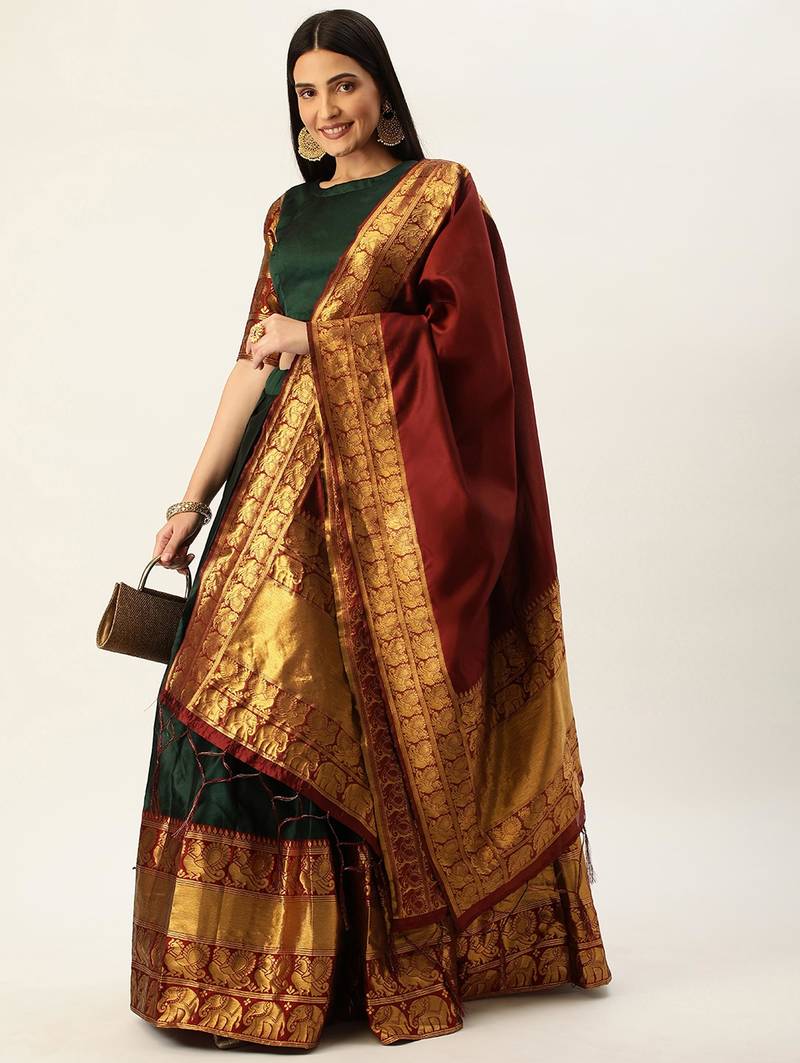 Pochampalli Deep Green & Maroon Lehenga