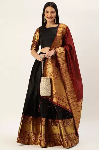 Beautiful South Indian Style Semi-Stitched Half Saree with Blouse and Dupatta for Women