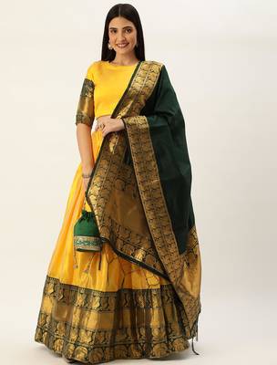 Pochampalli Bright Yellow Silk Lehenga 1