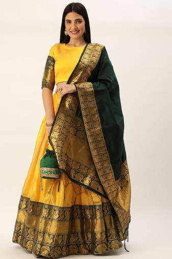 Pochampalli Bright Yellow Silk Lehenga