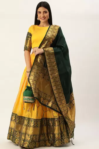Pochampalli Bright Yellow Silk Lehenga