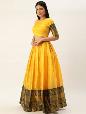 Pochampalli Bright Yellow Silk Lehenga 3