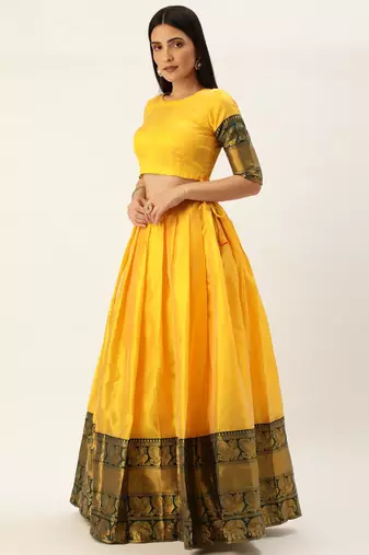 Pochampalli Bright Yellow Silk Lehenga