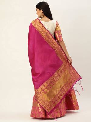 Pochampalli Cream Rani Pink Silk Lehenga 2