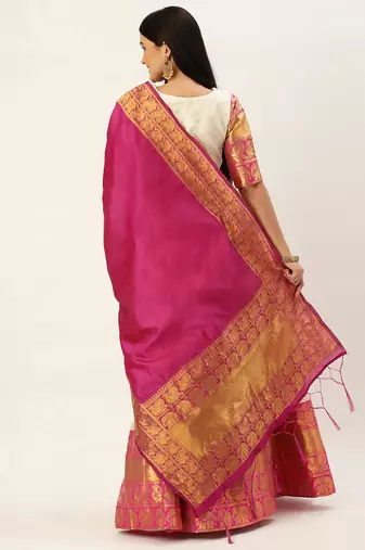 Pochampalli Cream Rani Pink Silk Lehenga