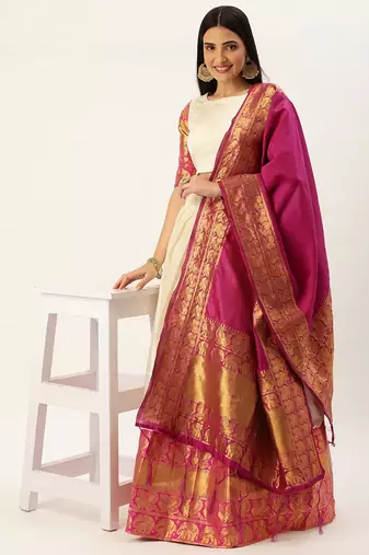 Pochampalli Cream Rani Pink Silk Lehenga