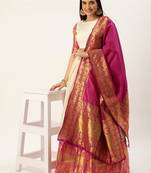Pochampalli Cream Rani Pink Silk Lehenga
