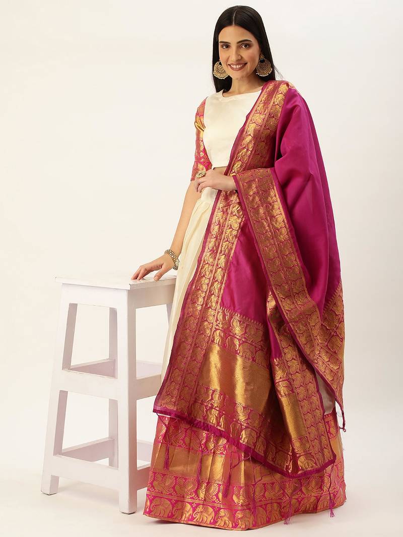Pochampalli Cream Rani Pink Silk Lehenga