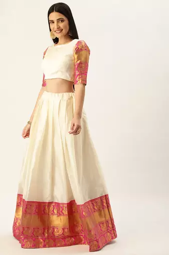 Pochampalli Cream Rani Pink Silk Lehenga