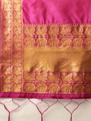 Pochampalli Cream Rani Pink Silk Lehenga 4