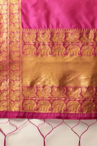 Pochampalli Cream Rani Pink Silk Lehenga
