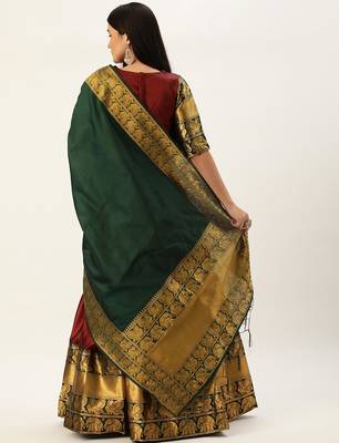Beautiful South Indian Style Semi-Stitched Half Saree with Blouse and Dupatta for Women 2