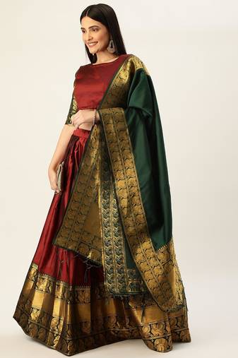 Beautiful South Indian Style Semi-Stitched Half Saree with Blouse and Dupatta for Women