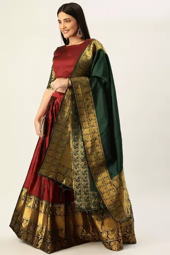 Beautiful South Indian Style Semi-Stitched Half Saree with Blouse and Dupatta for Women