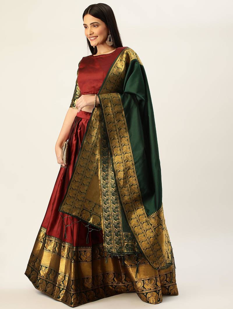 Beautiful South Indian Style Semi-Stitched Half Saree with Blouse and Dupatta for Women