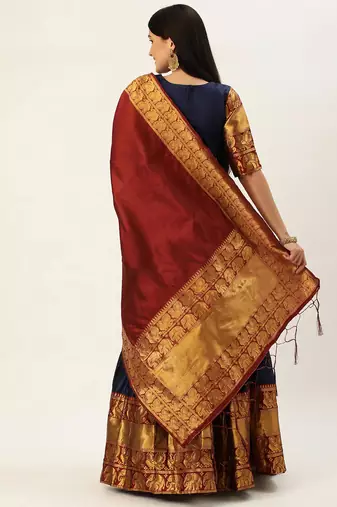 Beautiful South Indian Style Semi-Stitched Half Saree with Blouse and Dupatta for Women