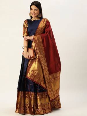 Beautiful South Indian Style Semi-Stitched Half Saree with Blouse and Dupatta for Women 1
