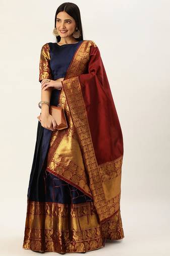 Beautiful South Indian Style Semi-Stitched Half Saree with Blouse and Dupatta for Women