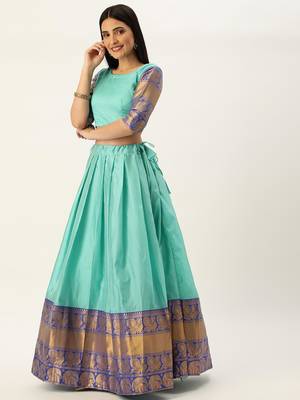 Beautiful South Indian Style Semi-Stitched Half Saree with Blouse and Dupatta for Women 3