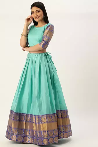 Beautiful South Indian Style Semi-Stitched Half Saree with Blouse and Dupatta for Women