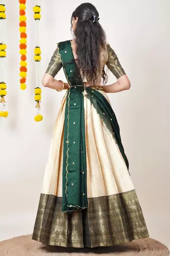 Beautiful South Indian Style Semi-Stitched Half Saree with Blouse and Dupatta for Women