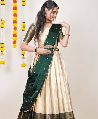 Beautiful South Indian Style Semi-Stitched Half Saree with Blouse and Dupatta for Women 3